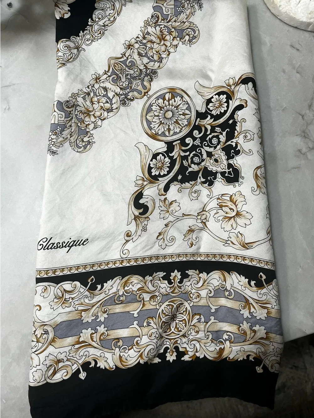 Beautiful French Jean Paul Classique Ornate Silk Scarf in Black & Cream